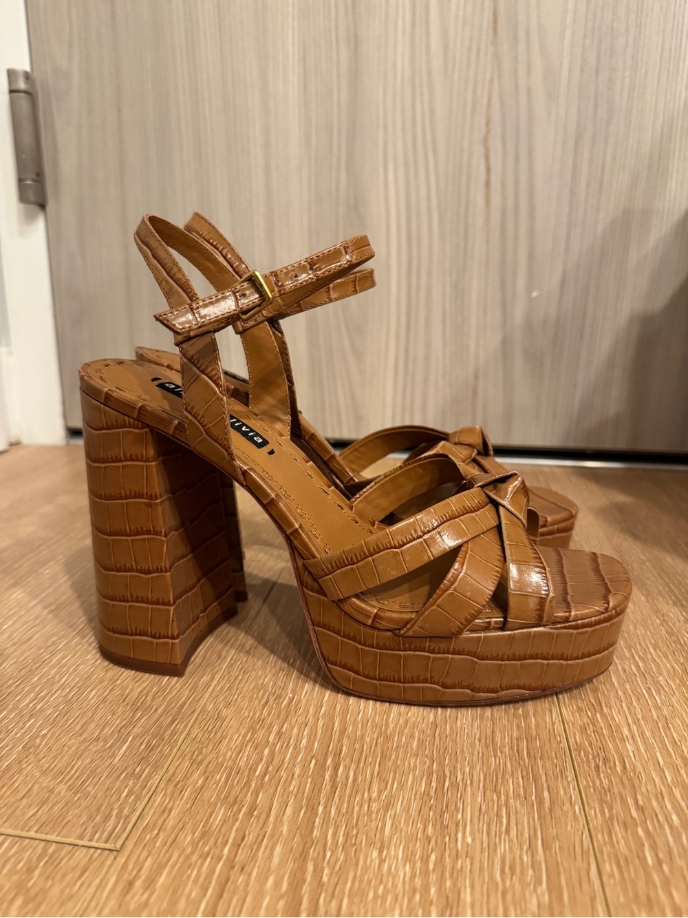 Alice + Olivia Tan Croc-Embossed Platform Block Heels - Picture 6 of 8